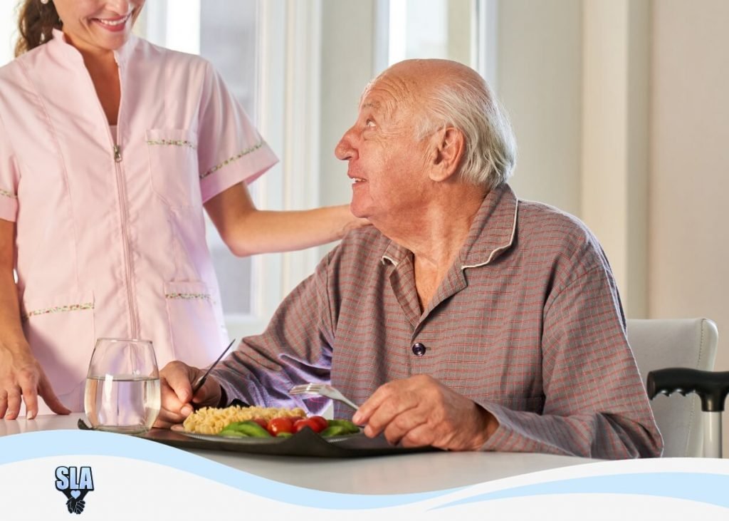nurse helping man with his wellness and nutrition in senior living